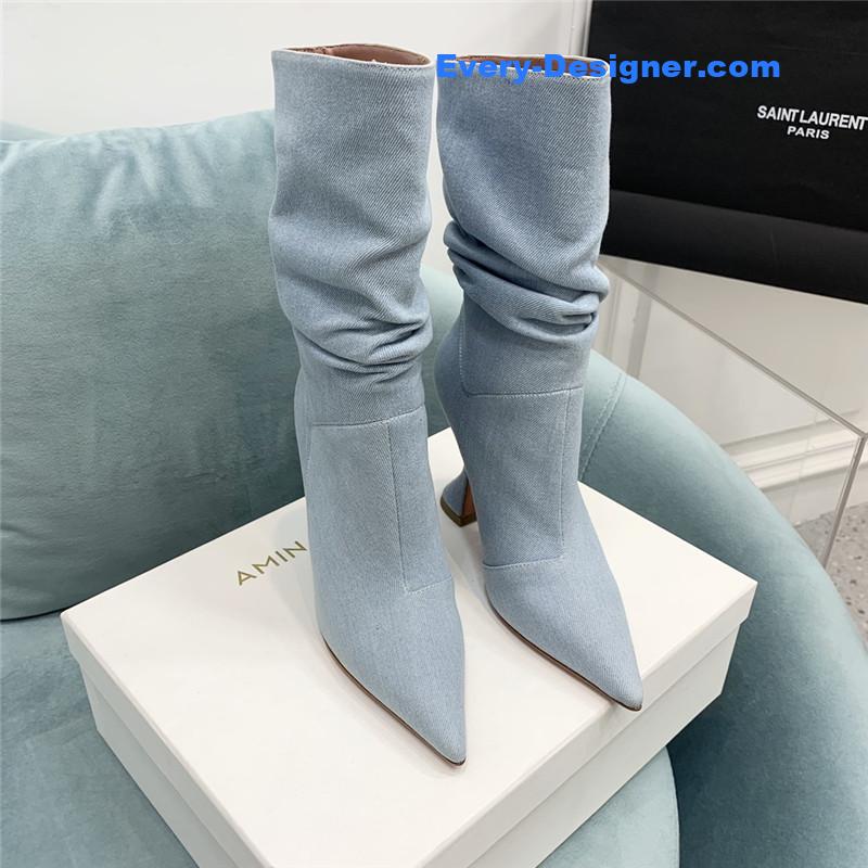 Amina Muaddi wine glass heel pleated high heel boots