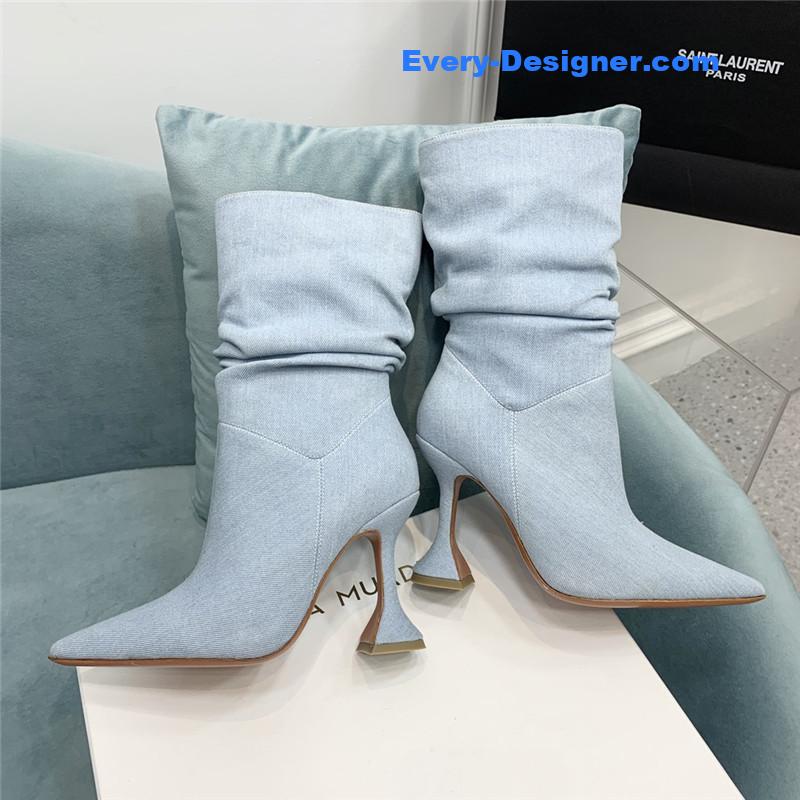 Amina Muaddi wine glass heel pleated high heel boots