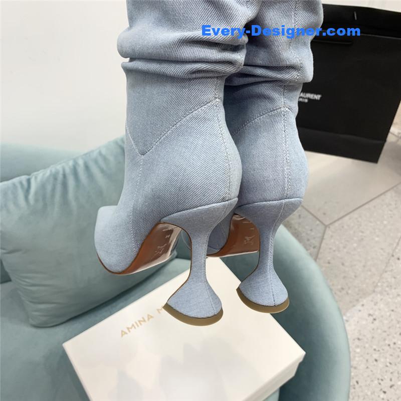 Amina Muaddi wine glass heel pleated high heel boots