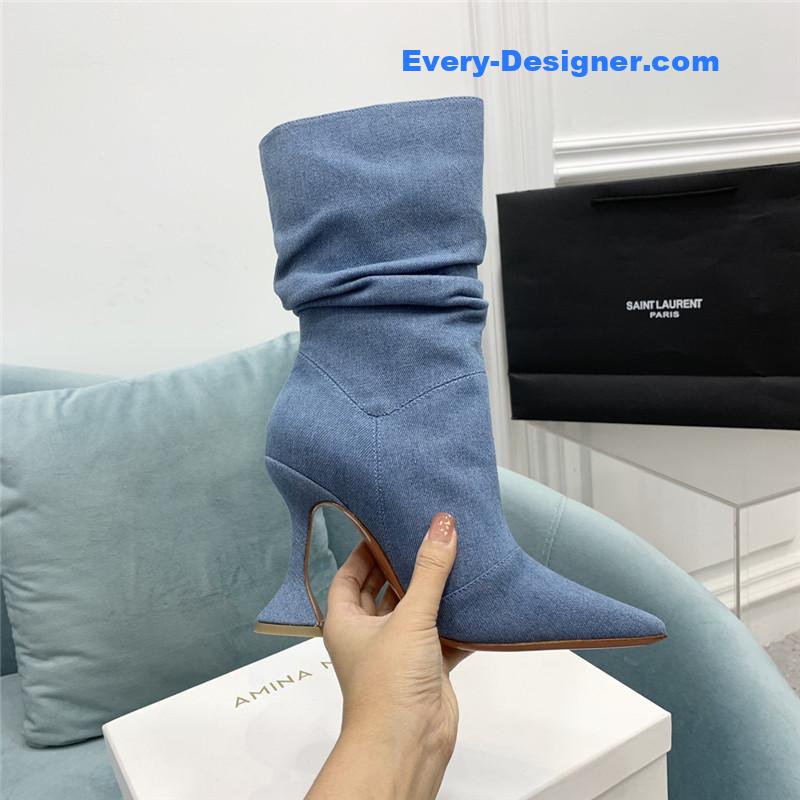 Amina Muaddi wine glass heel pleated high heel boots