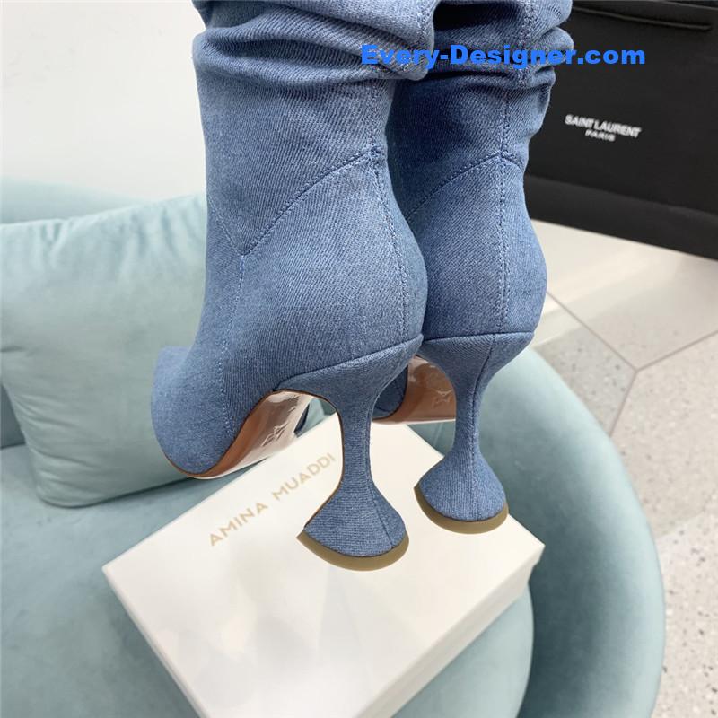 Amina Muaddi wine glass heel pleated high heel boots