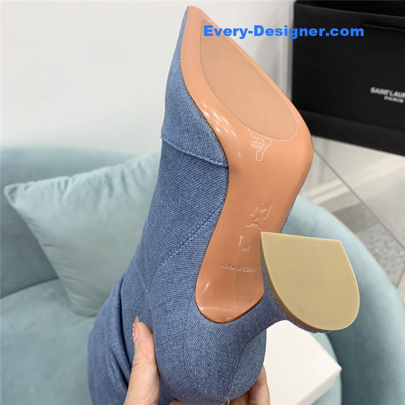 Amina Muaddi wine glass heel pleated high heel boots