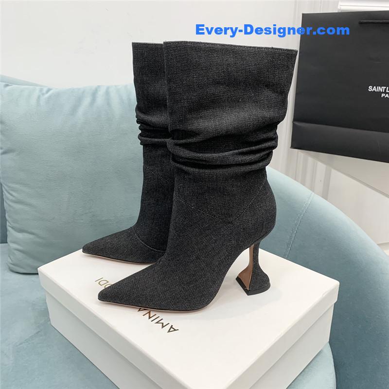 Amina Muaddi wine glass heel pleated high heel boots