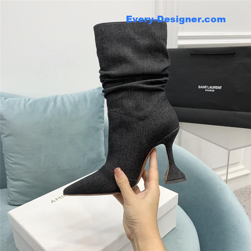 Amina Muaddi wine glass heel pleated high heel boots