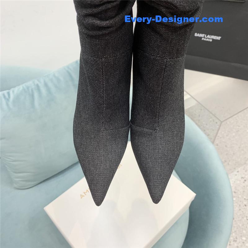 Amina Muaddi wine glass heel pleated high heel boots