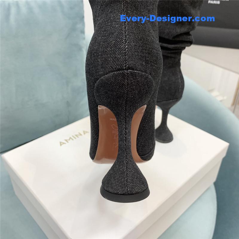 Amina Muaddi wine glass heel pleated high heel boots