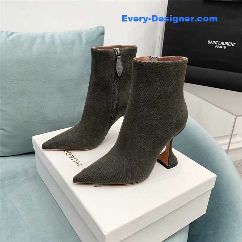 Amina Muaddi wine glass heel pleated high heel boots