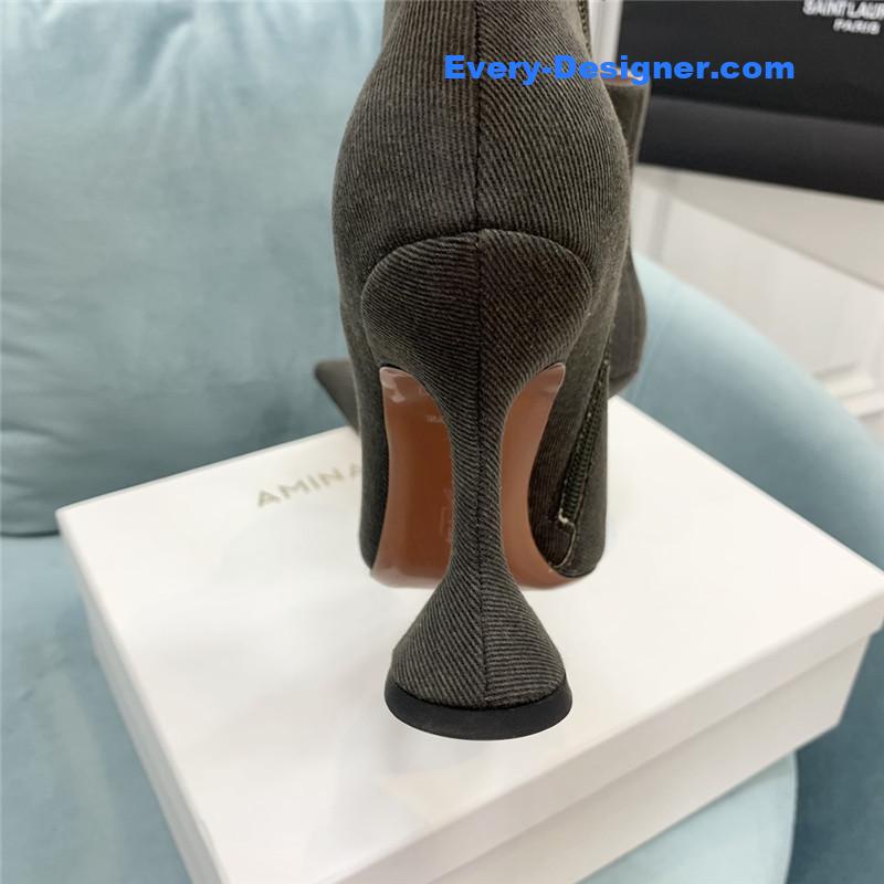 Amina Muaddi wine glass heel pleated high heel boots