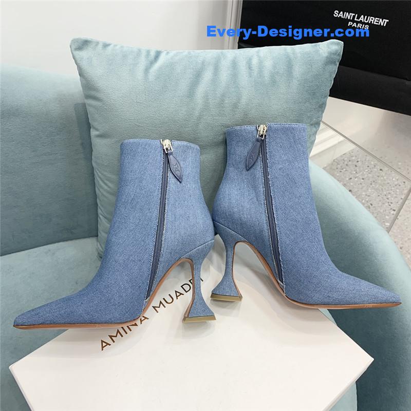 Amina Muaddi wine glass heel pleated high heel boots