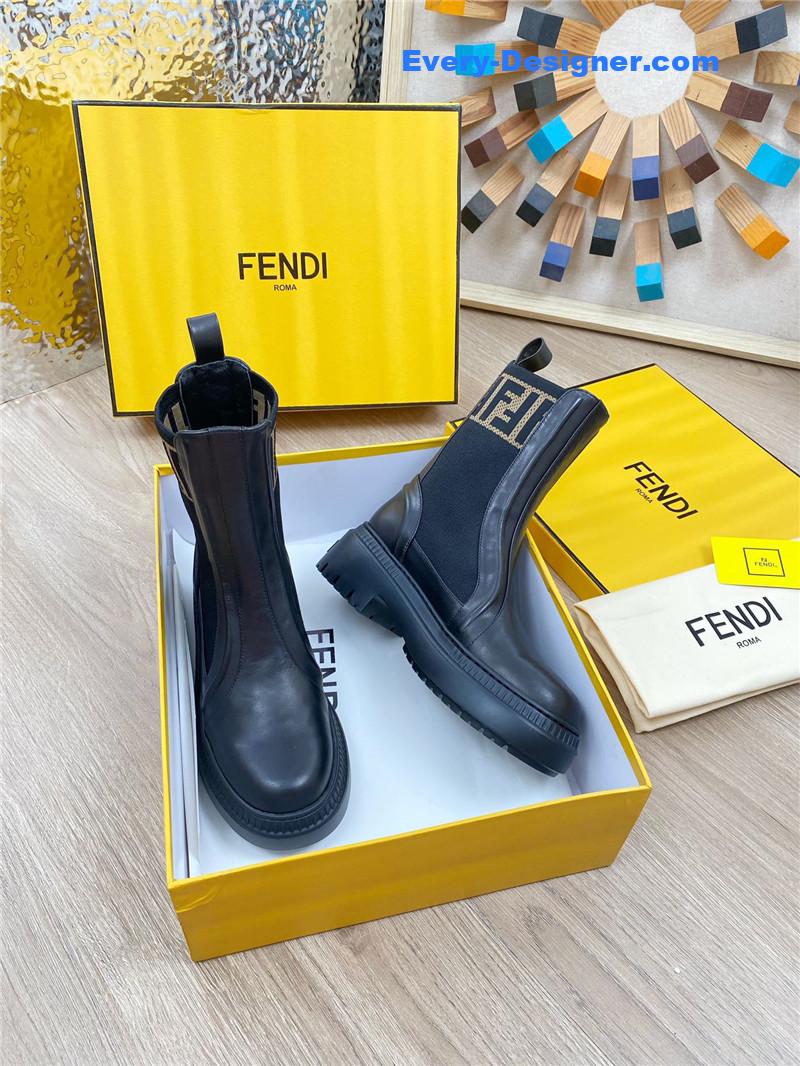 Fendi Rockoko Black Leather Knit Boots