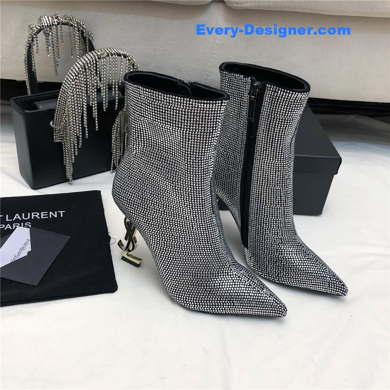 YSL letter metal heel full diamond zipper ankle boots