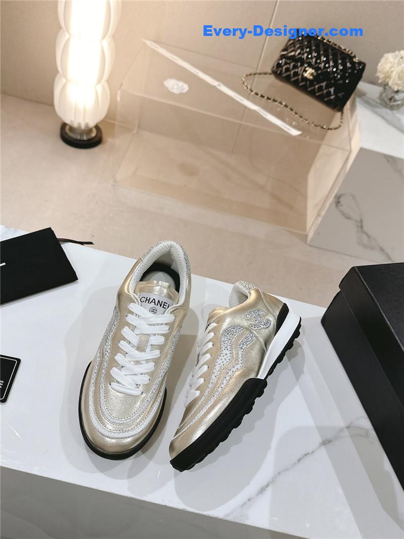 Ch**el gold laminated suede quilted cc sneakers