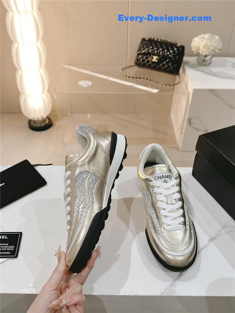 Ch**el gold laminated suede quilted cc sneakers