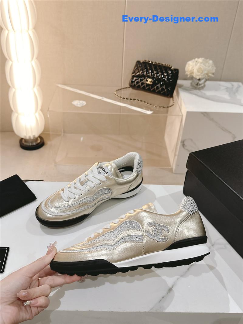 Chanel Gold Laminated Suede Quilted CC Sneakers
