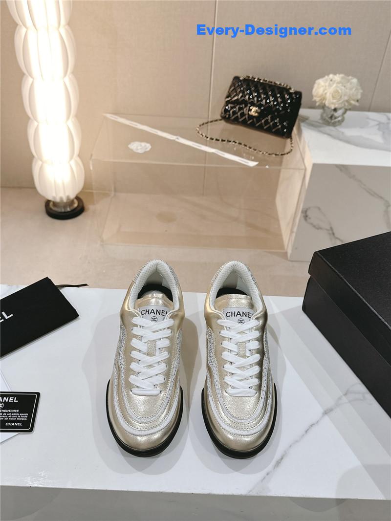 Ch**el gold laminated suede quilted cc sneakers