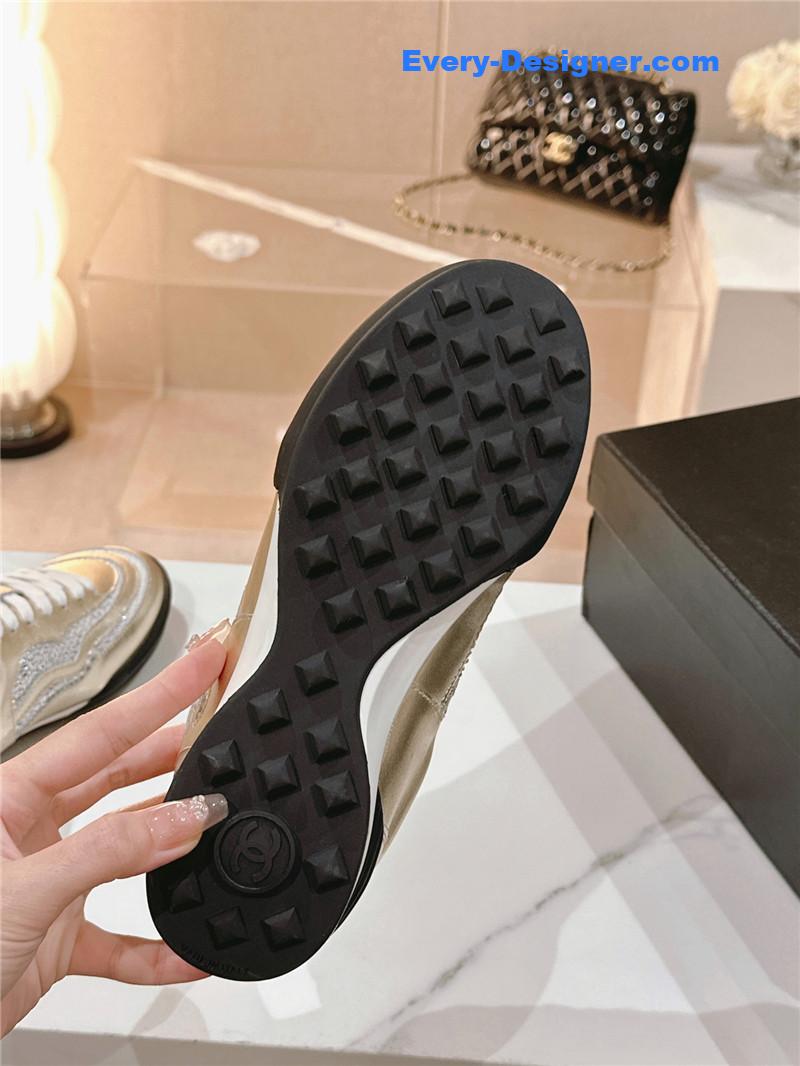 Ch**el gold laminated suede quilted cc sneakers