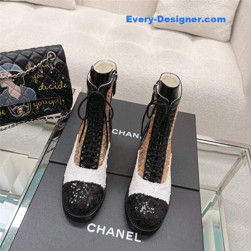 Ch**el sequins calfskin lace-up boots