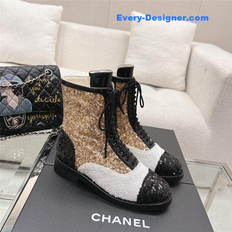 Chanel Sequins Calfskin Lace-Up Boots