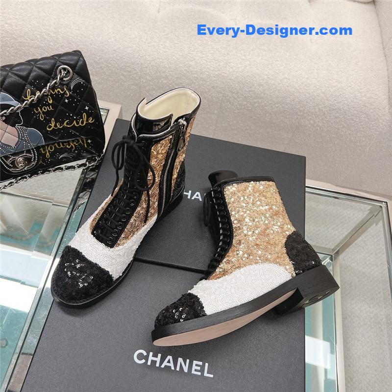 Ch**el sequins calfskin lace-up boots