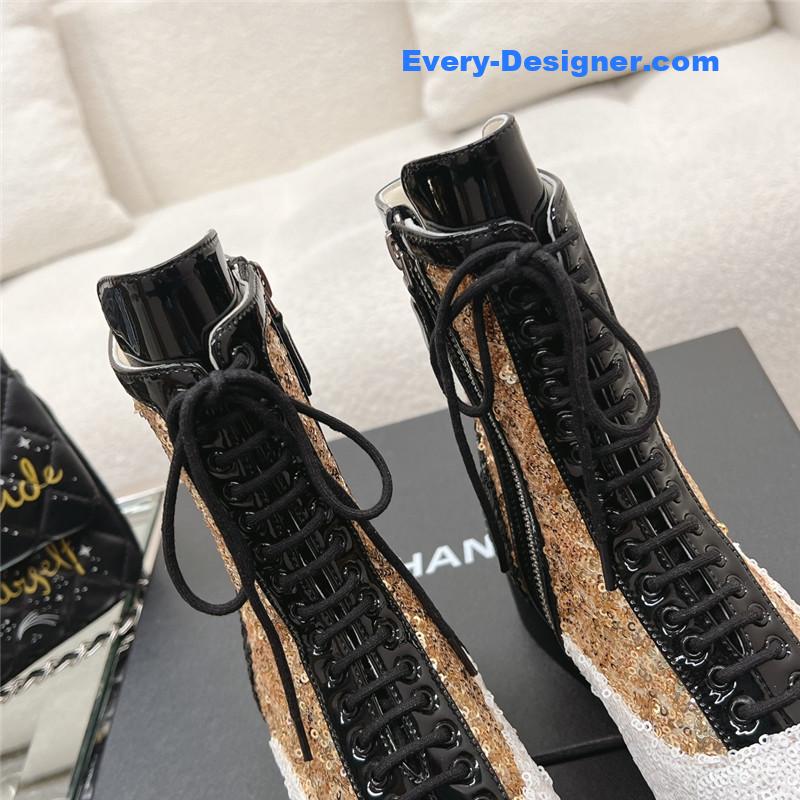 Ch**el sequins calfskin lace-up boots