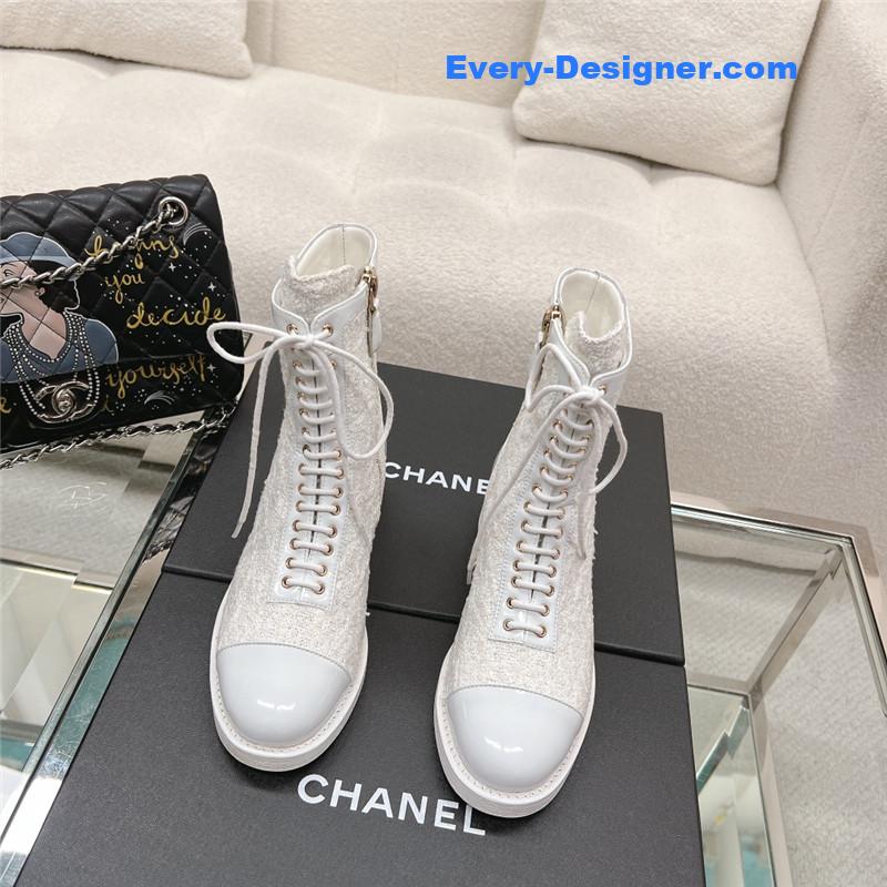 Ch**el tweed patent calfskin lace-up boots white