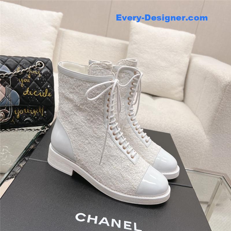 Chanel Tweed Patent Calfskin Lace-Up Boots White