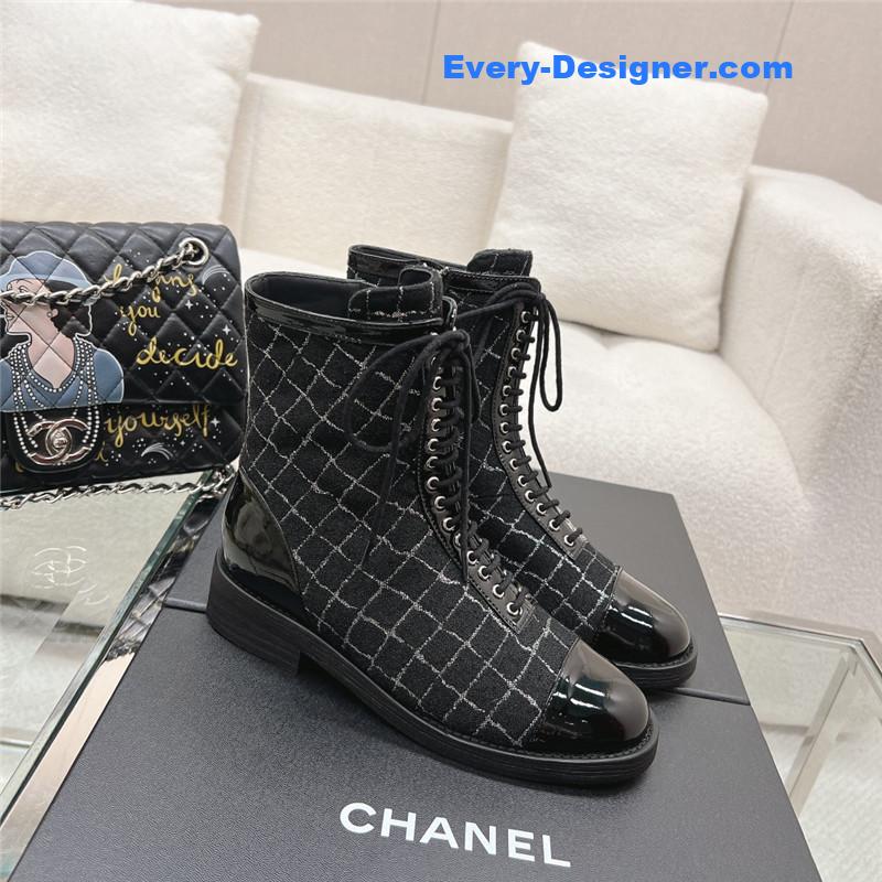 Chanel Tweed Patent Calfskin Lace-Up Boots