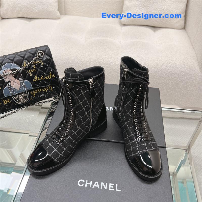 Ch**el tweed patent calfskin lace-up boots