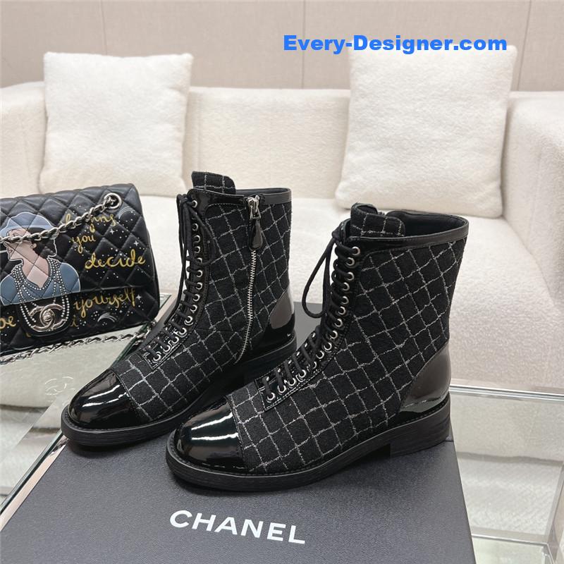 Ch**el tweed patent calfskin lace-up boots