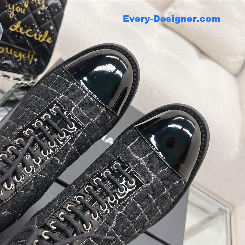 Ch**el tweed patent calfskin lace-up boots