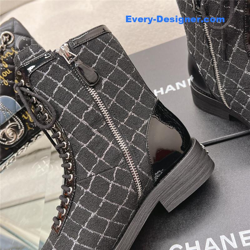 Ch**el tweed patent calfskin lace-up boots