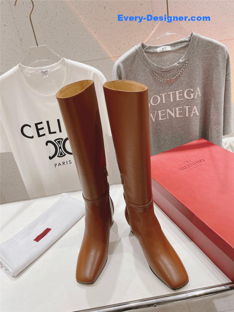 Valentino Pointed Toe Chunky Heel Knee High Boots in Brown