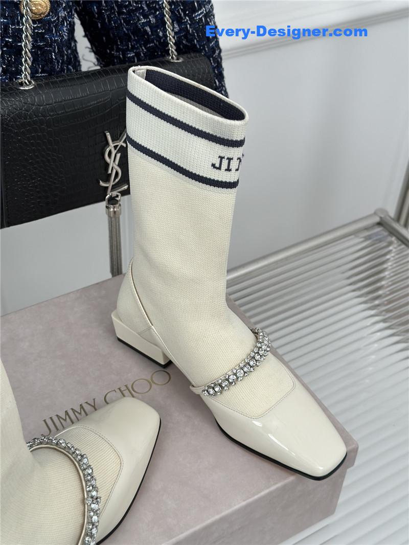 J1m*y Ch00 white knit patent leather socks boots