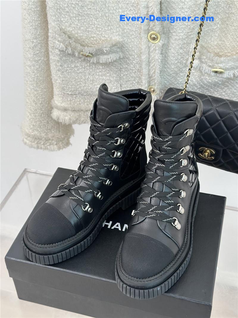 Ch**el calfskin grosgrain quilted lace-up boots