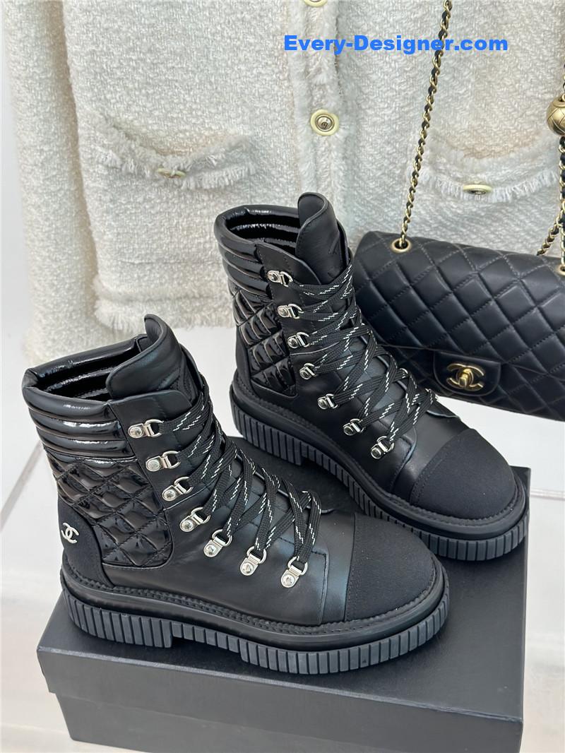 Ch**el calfskin grosgrain quilted lace-up boots