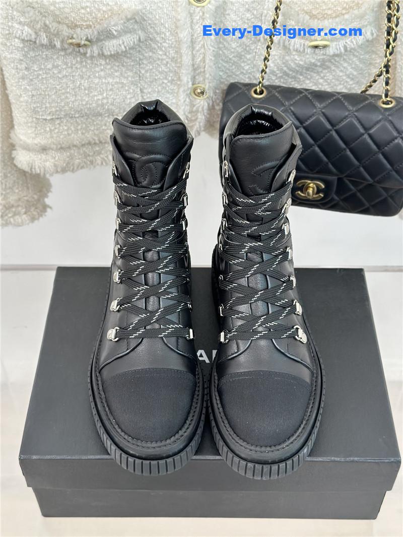 Ch**el calfskin grosgrain quilted lace-up boots