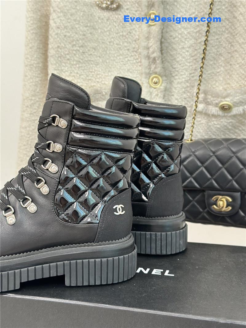 Ch**el calfskin grosgrain quilted lace-up boots