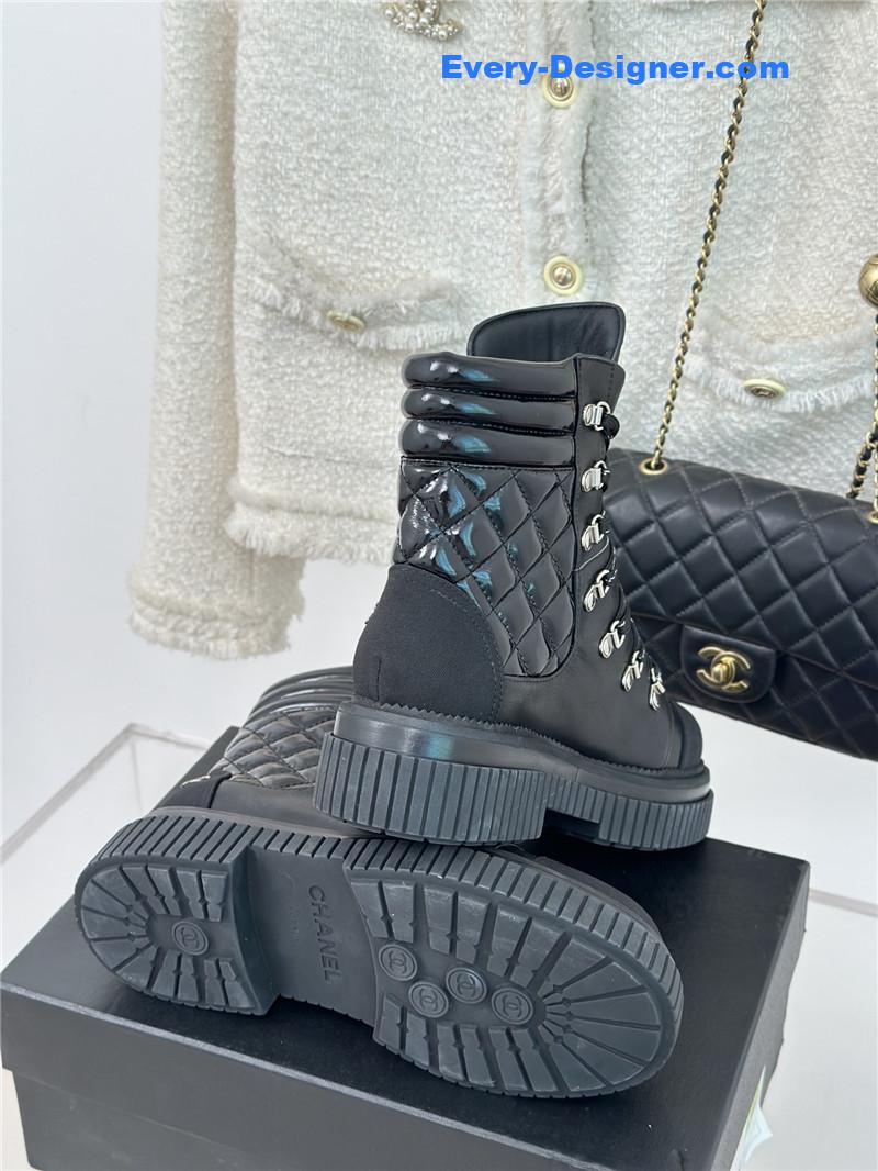 Ch**el calfskin grosgrain quilted lace-up boots