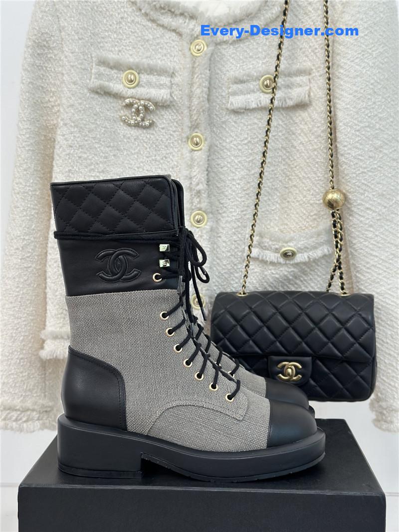Ch**el gray denim calfskin quilted lace-up boots