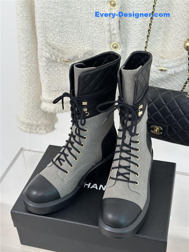 Ch**el gray denim calfskin quilted lace-up boots