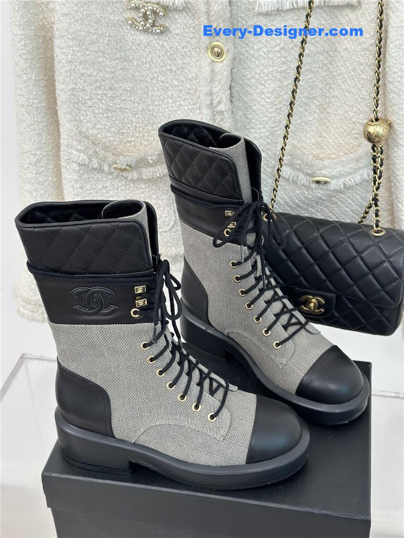 Chanel Gray Denim Calfskin Quilted Lace-Up Boots