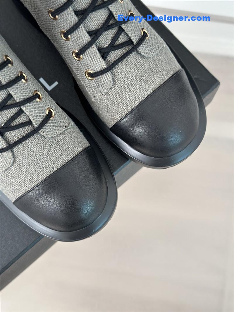 Ch**el gray denim calfskin quilted lace-up boots