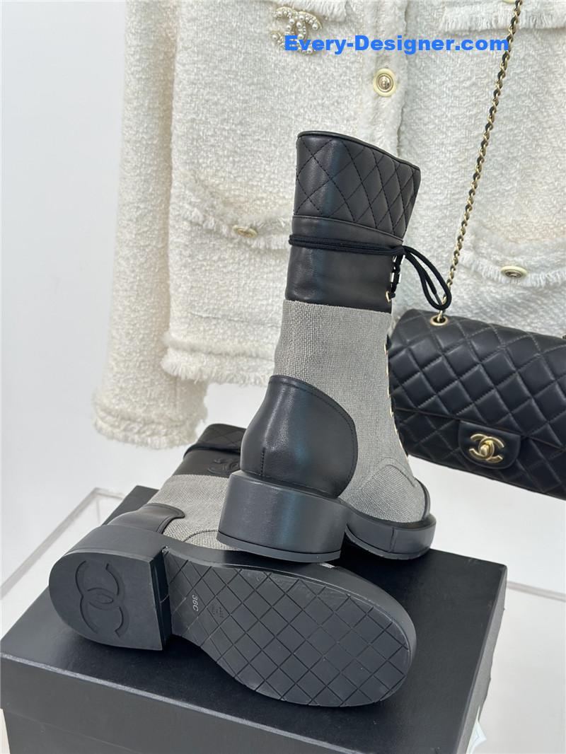 Ch**el gray denim calfskin quilted lace-up boots