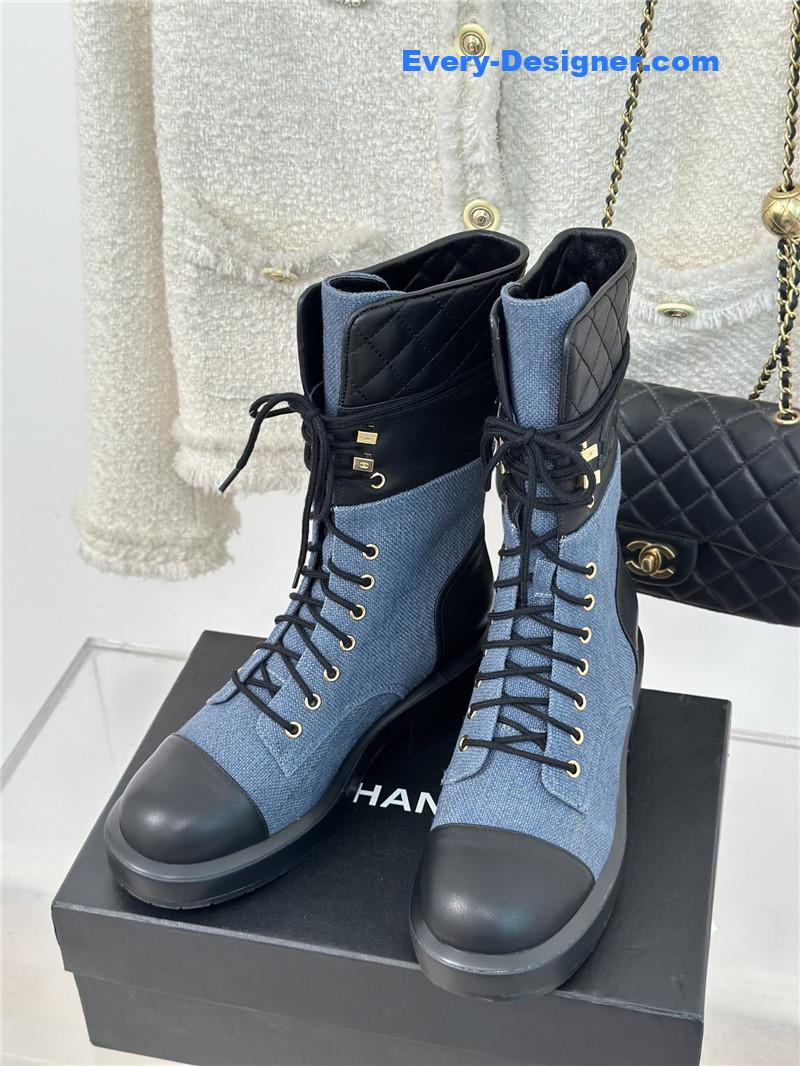 Ch**el denim calfskin quilted lace-up boots