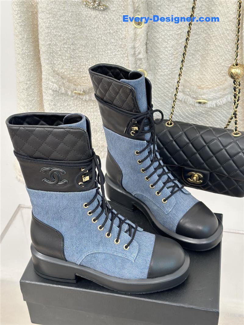 Chanel Denim Calfskin Quilted Lace-Up Boots