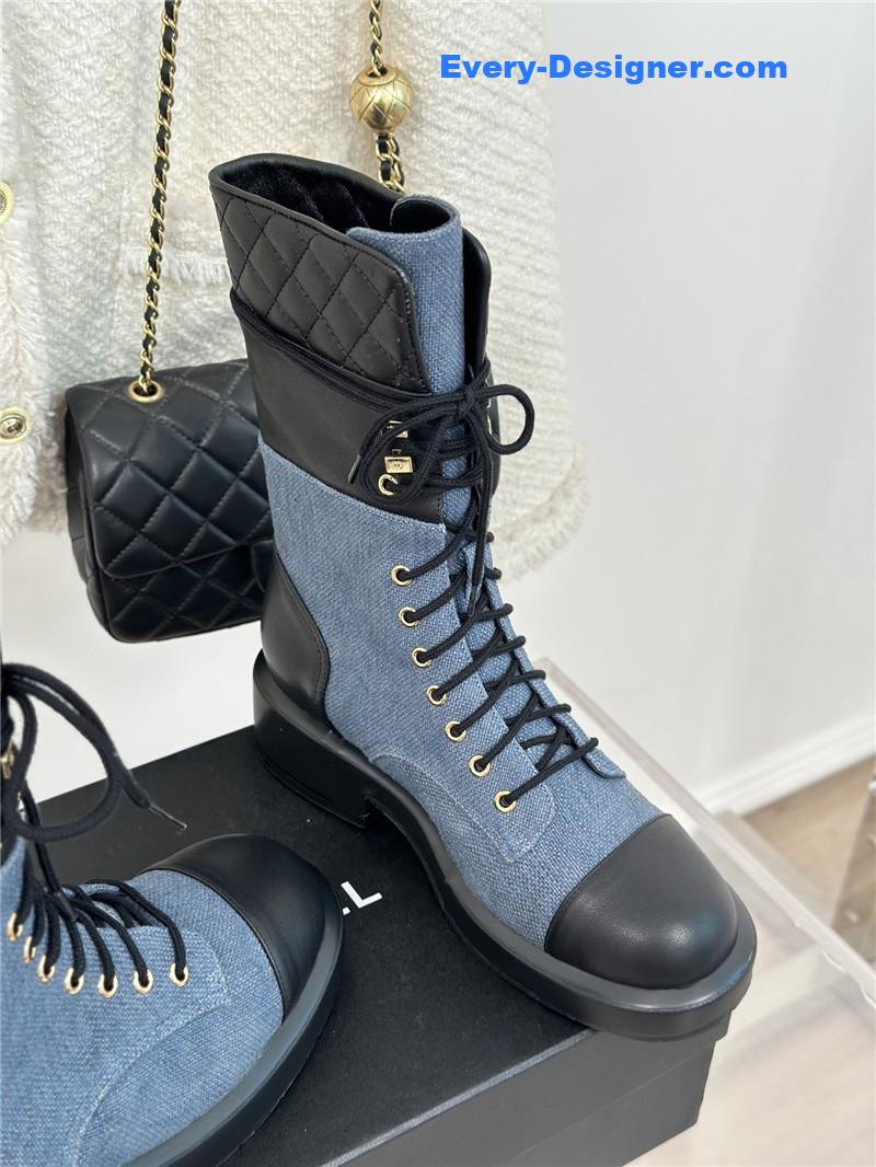 Ch**el denim calfskin quilted lace-up boots