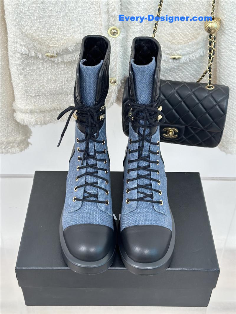 Ch**el denim calfskin quilted lace-up boots