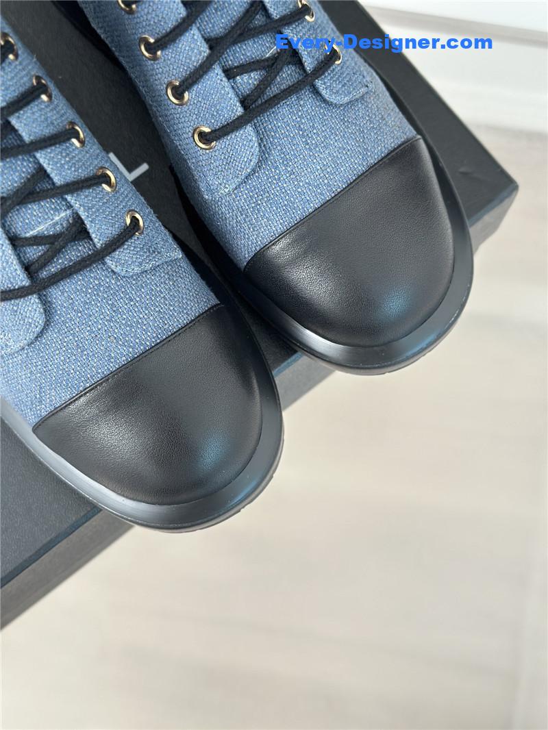 Ch**el denim calfskin quilted lace-up boots