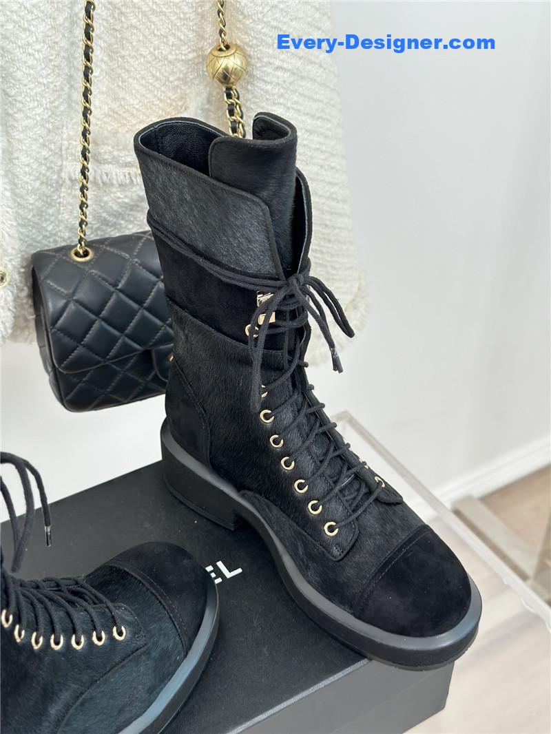 Ch**el black suede leather quilted lace-up boots