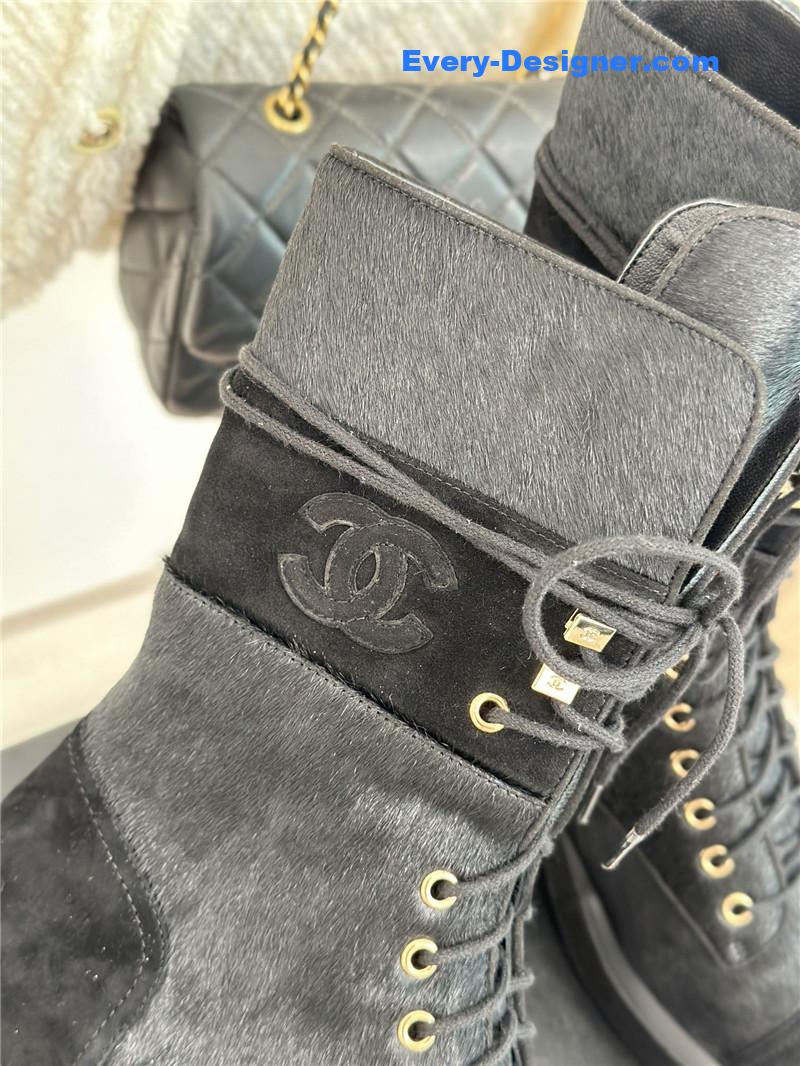 Ch**el black suede leather quilted lace-up boots